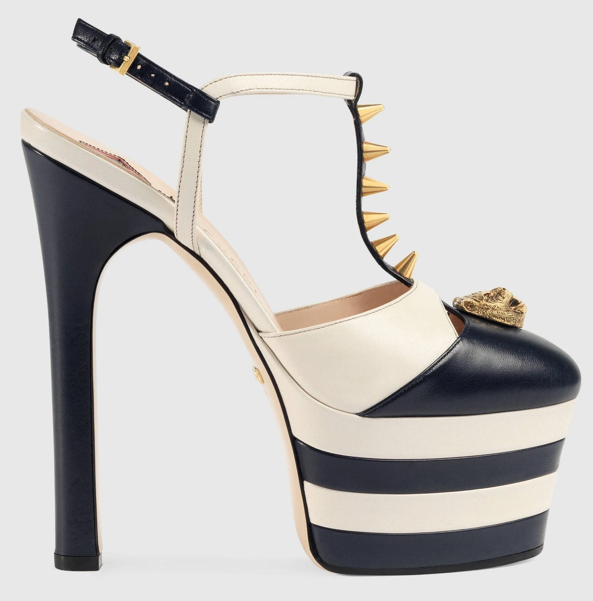 Studded Striped-Leather Platform Pump-Black
