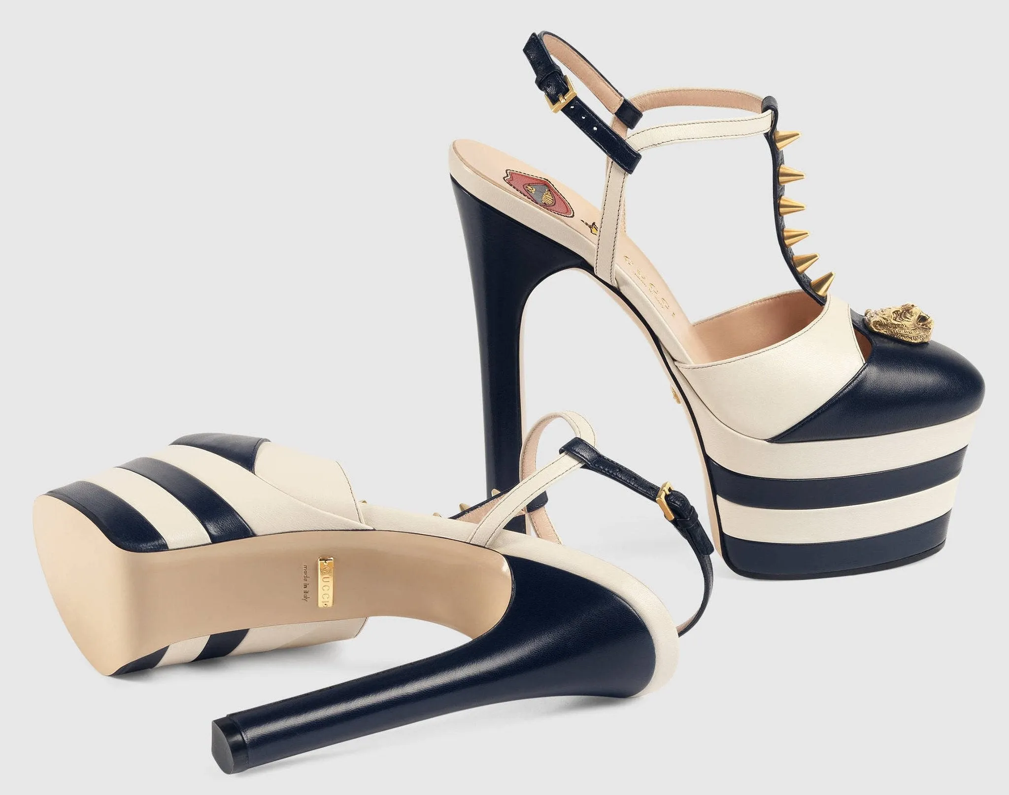 Studded Striped-Leather Platform Pump-Black
