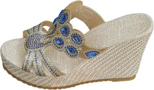SuanlaTDS Wedge Sandals for Women Platform Slides Espadrille Rhinestones Open Toe Slip On Casual Summer Beach Mules High Heels Cutout Dressy Comfortable Elegant Party Wedges Sandal