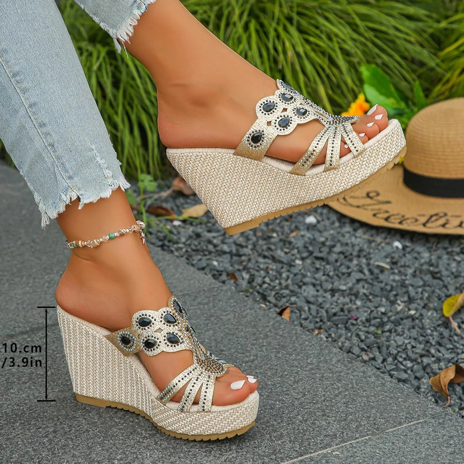 SuanlaTDS Wedge Sandals for Women Platform Slides Espadrille Rhinestones Open Toe Slip On Casual Summer Beach Mules High Heels Cutout Dressy Comfortable Elegant Party Wedges Sandal