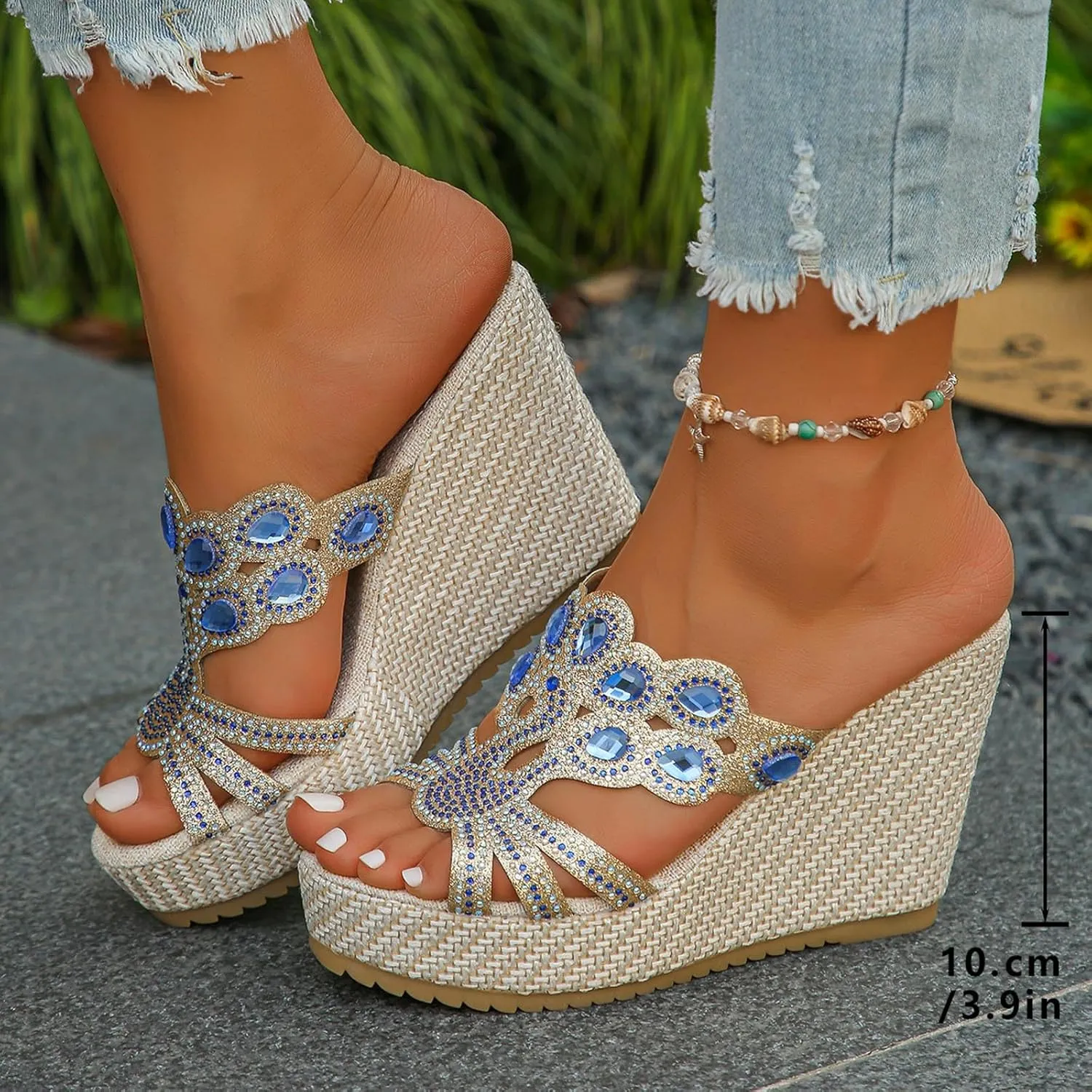 SuanlaTDS Wedge Sandals for Women Platform Slides Espadrille Rhinestones Open Toe Slip On Casual Summer Beach Mules High Heels Cutout Dressy Comfortable Elegant Party Wedges Sandal