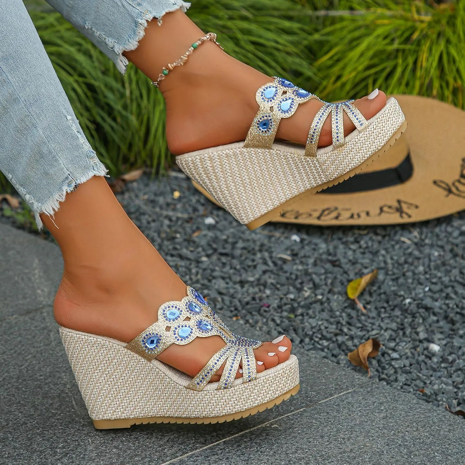 SuanlaTDS Wedge Sandals for Women Platform Slides Espadrille Rhinestones Open Toe Slip On Casual Summer Beach Mules High Heels Cutout Dressy Comfortable Elegant Party Wedges Sandal