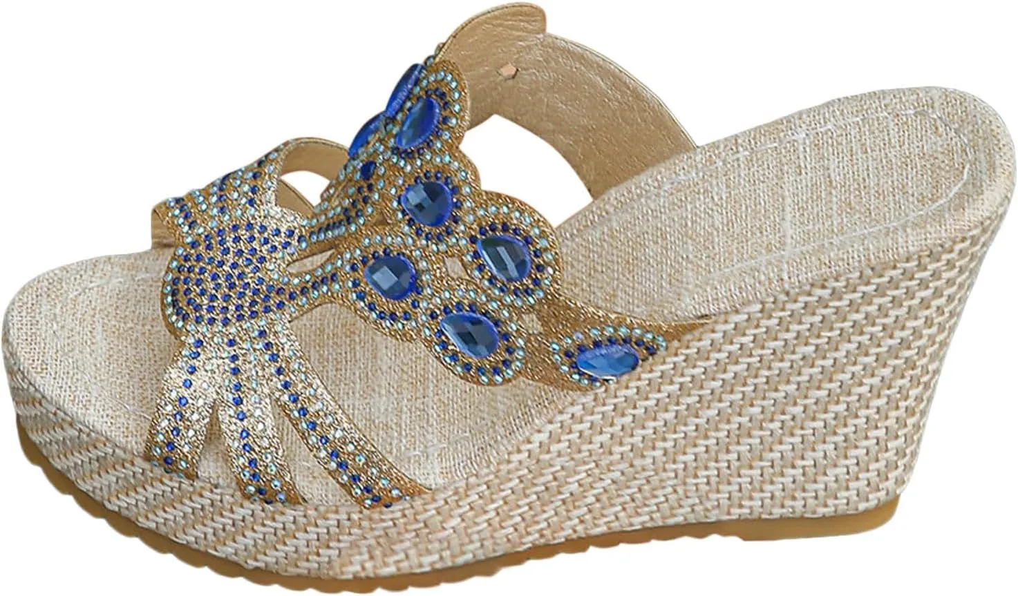 SuanlaTDS Wedge Sandals for Women Platform Slides Espadrille Rhinestones Open Toe Slip On Casual Summer Beach Mules High Heels Cutout Dressy Comfortable Elegant Party Wedges Sandal