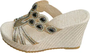 SuanlaTDS Wedge Sandals for Women Platform Slides Espadrille Rhinestones Open Toe Slip On Casual Summer Beach Mules High Heels Cutout Dressy Comfortable Elegant Party Wedges Sandal