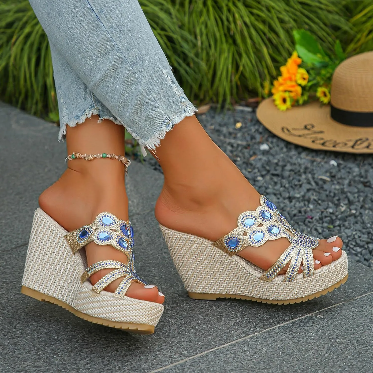 SuanlaTDS Wedge Sandals for Women Platform Slides Espadrille Rhinestones Open Toe Slip On Casual Summer Beach Mules High Heels Cutout Dressy Comfortable Elegant Party Wedges Sandal