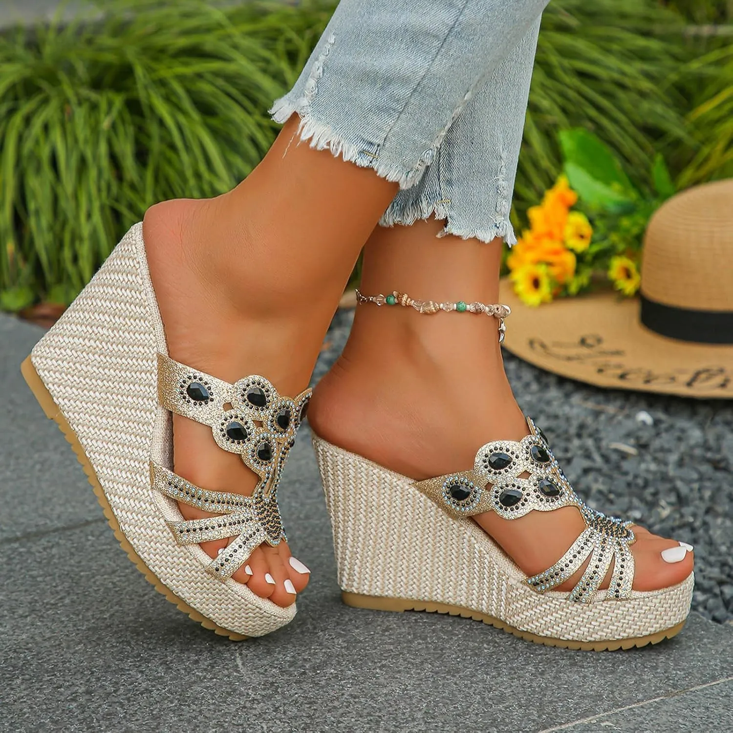 SuanlaTDS Wedge Sandals for Women Platform Slides Espadrille Rhinestones Open Toe Slip On Casual Summer Beach Mules High Heels Cutout Dressy Comfortable Elegant Party Wedges Sandal