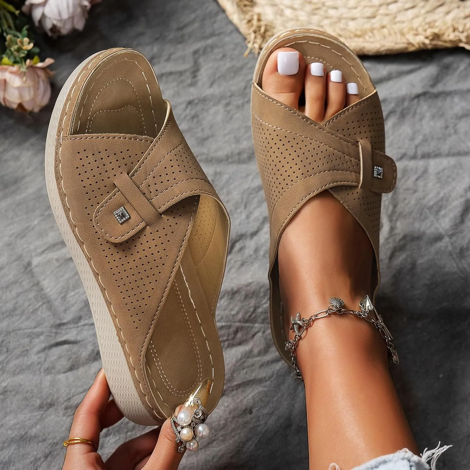 Summer Sandals for Women Platform Peep Toe Wide Straps Thick Sole Breathable Orthopedic Support Beach Casual Sandals