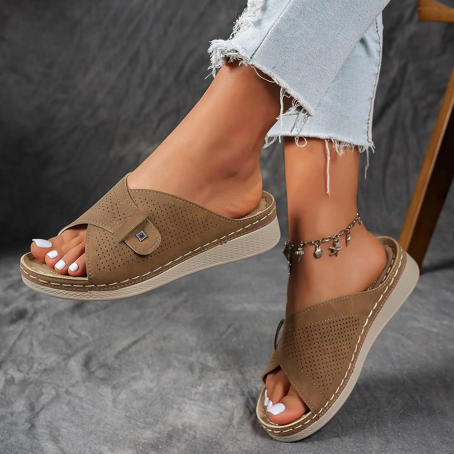 Summer Sandals for Women Platform Peep Toe Wide Straps Thick Sole Breathable Orthopedic Support Beach Casual Sandals