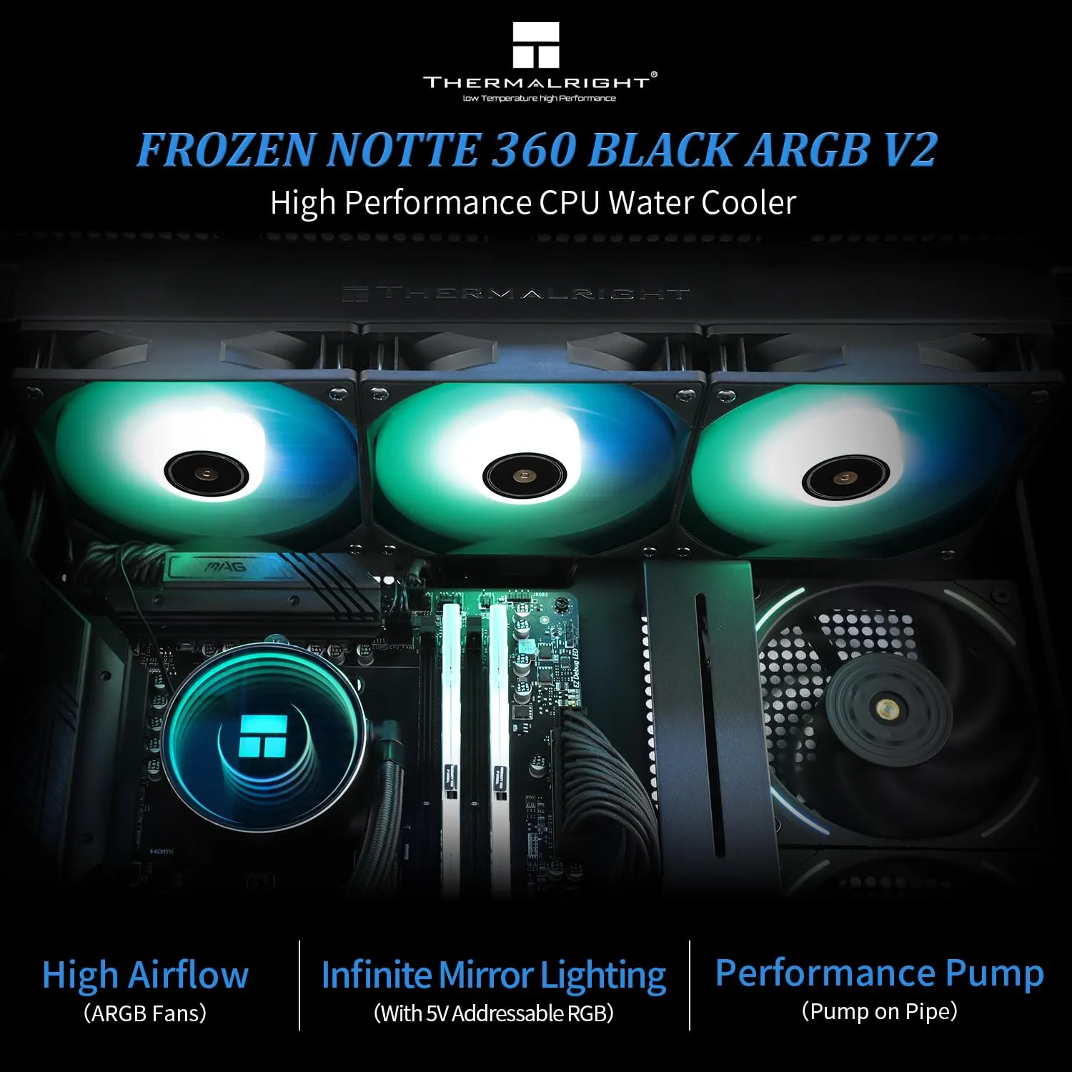 Thermalright Frozen Notte 360 Black ARGB V2 Water Cooling CPU Cooler, 360 Black CPU Cooler Specifications, 3×120mm PWM Fans, S-FDB Bearings, Suitable for AMD/AM4, Intel LGA 1700/1150/1151/1200/2011