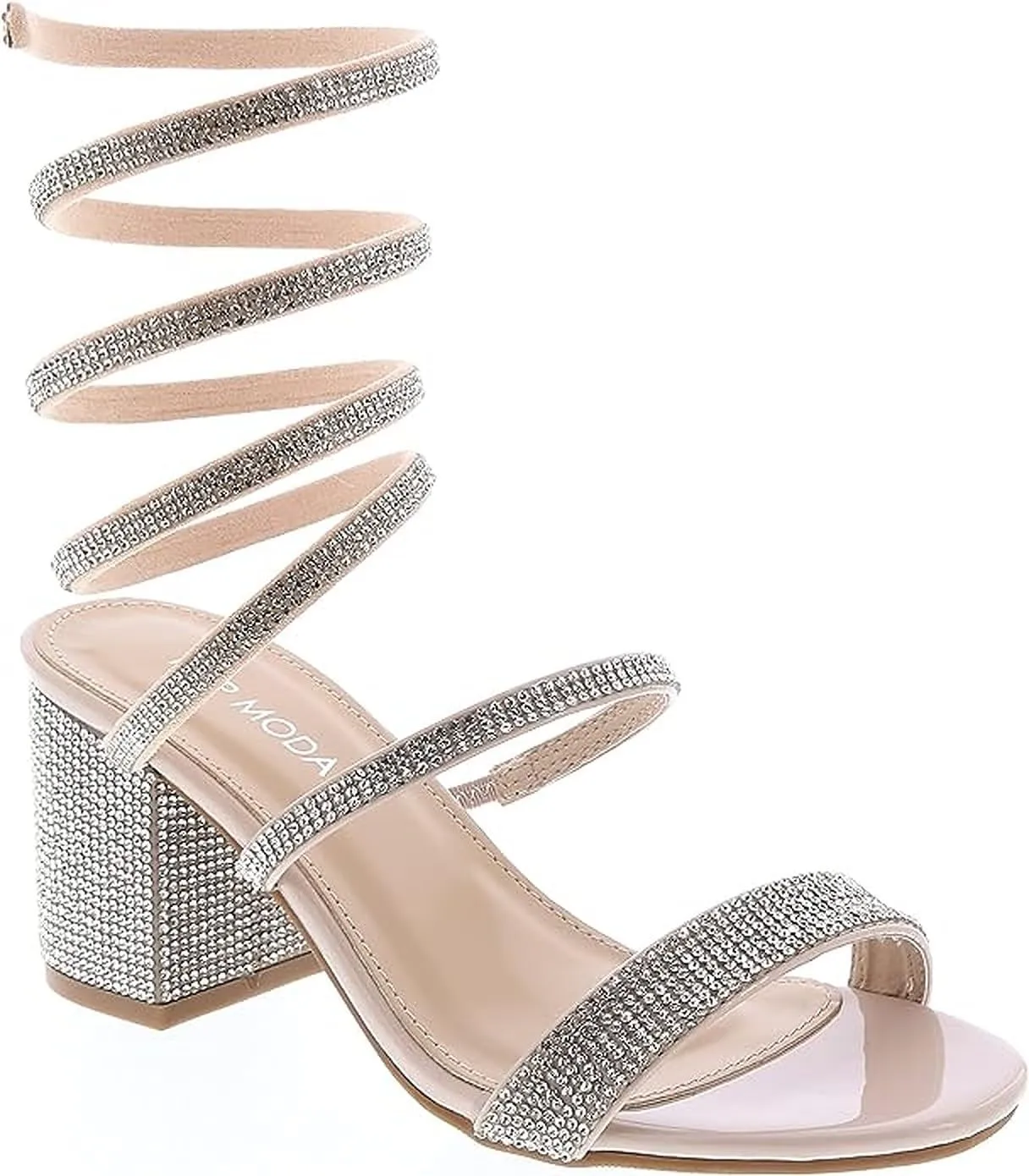 TOP Moda Women's Rhinestone Strappy Spiral Ankle Strap Low Chunky Block Heel Sandals
