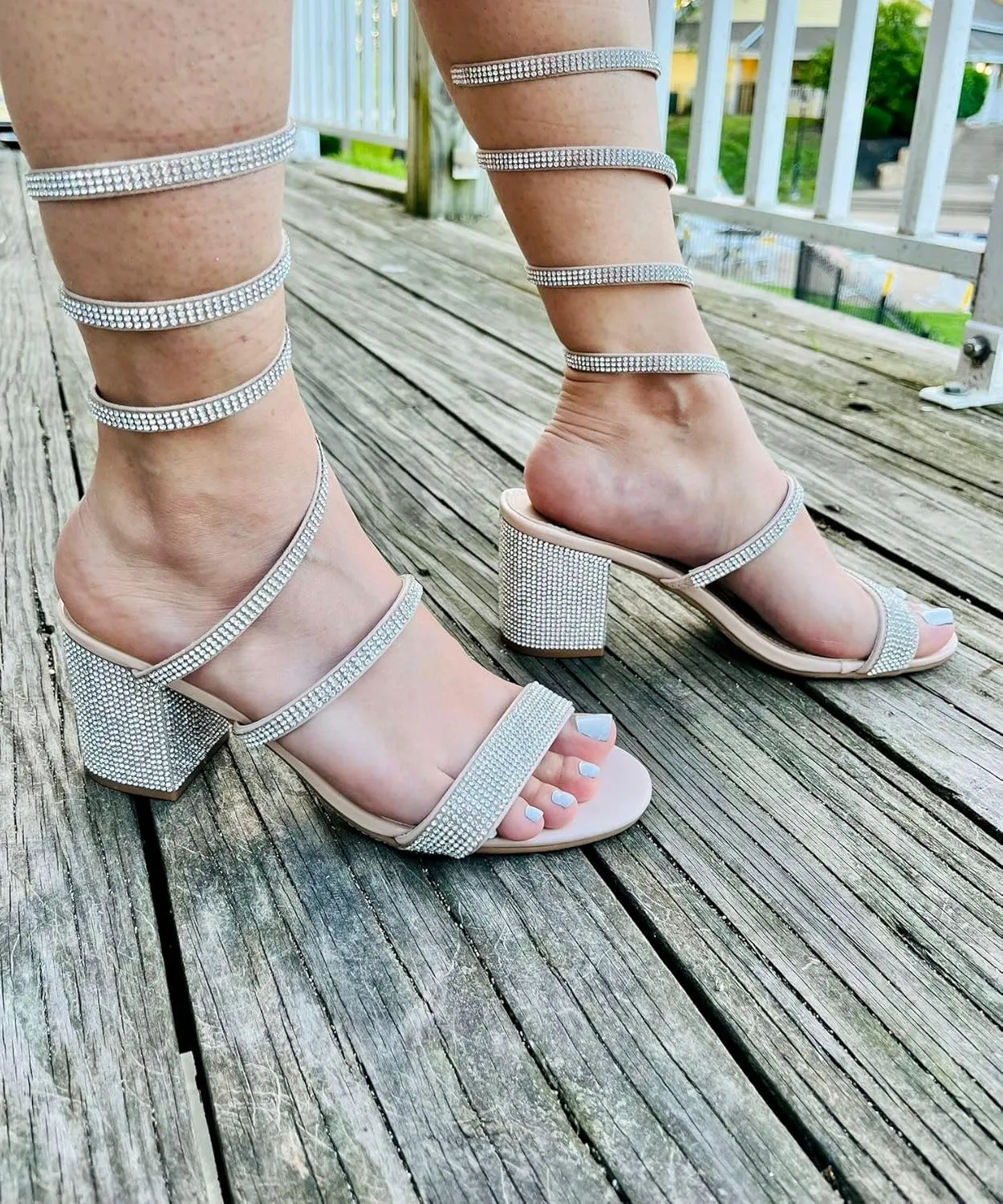 TOP Moda Women's Rhinestone Strappy Spiral Ankle Strap Low Chunky Block Heel Sandals