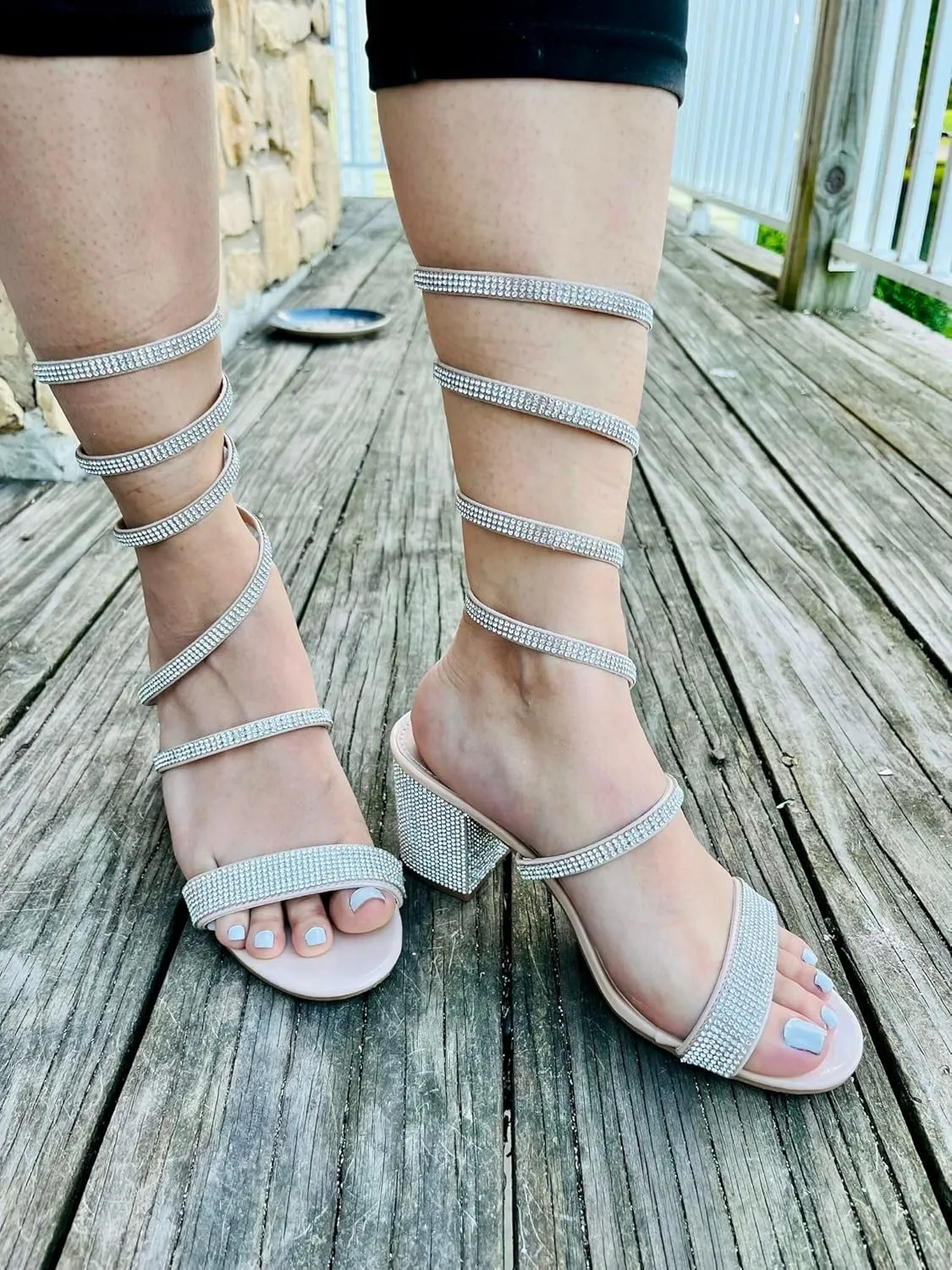 TOP Moda Women's Rhinestone Strappy Spiral Ankle Strap Low Chunky Block Heel Sandals