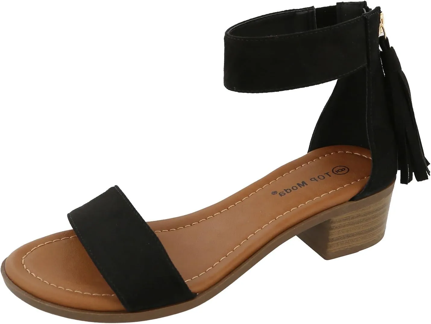 TOP Moda Women's Tassel Fringe Zip Back Block Heel Sandal