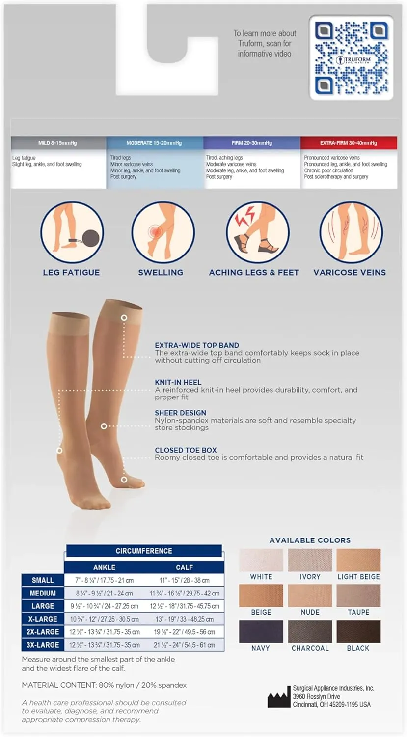 Truform Sheer Compression Stockings, 15-20 mmHg, Women's Knee High Length, Open Toe, 20 Denier, Espresso, Medium