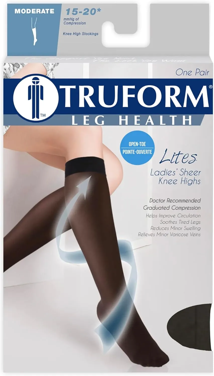Truform Sheer Compression Stockings, 15-20 mmHg, Women's Knee High Length, Open Toe, 20 Denier, Espresso, Medium
