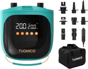 Tuomico 20PSI Paddle Board Pump Sup Air Pump Electric Portable Inflator & Deflator, Auto-Off, Mini Compressor for Inflatable Stand-up Paddleboard Kayak Wing Kite with 12V DC Car Plug-in Adapter