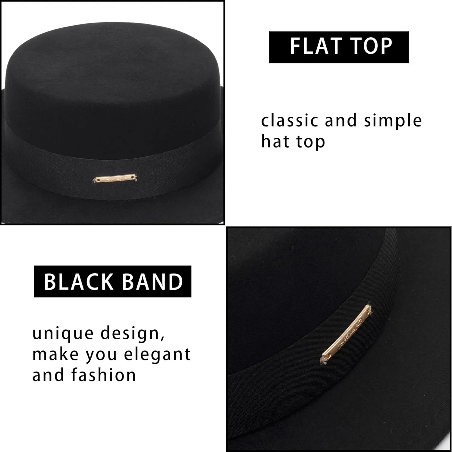 Unisex Classic Wool Pork Pie Hat, Felt Porkpie Flat-Top Fedora Derby Church-Hat Boater Bowler