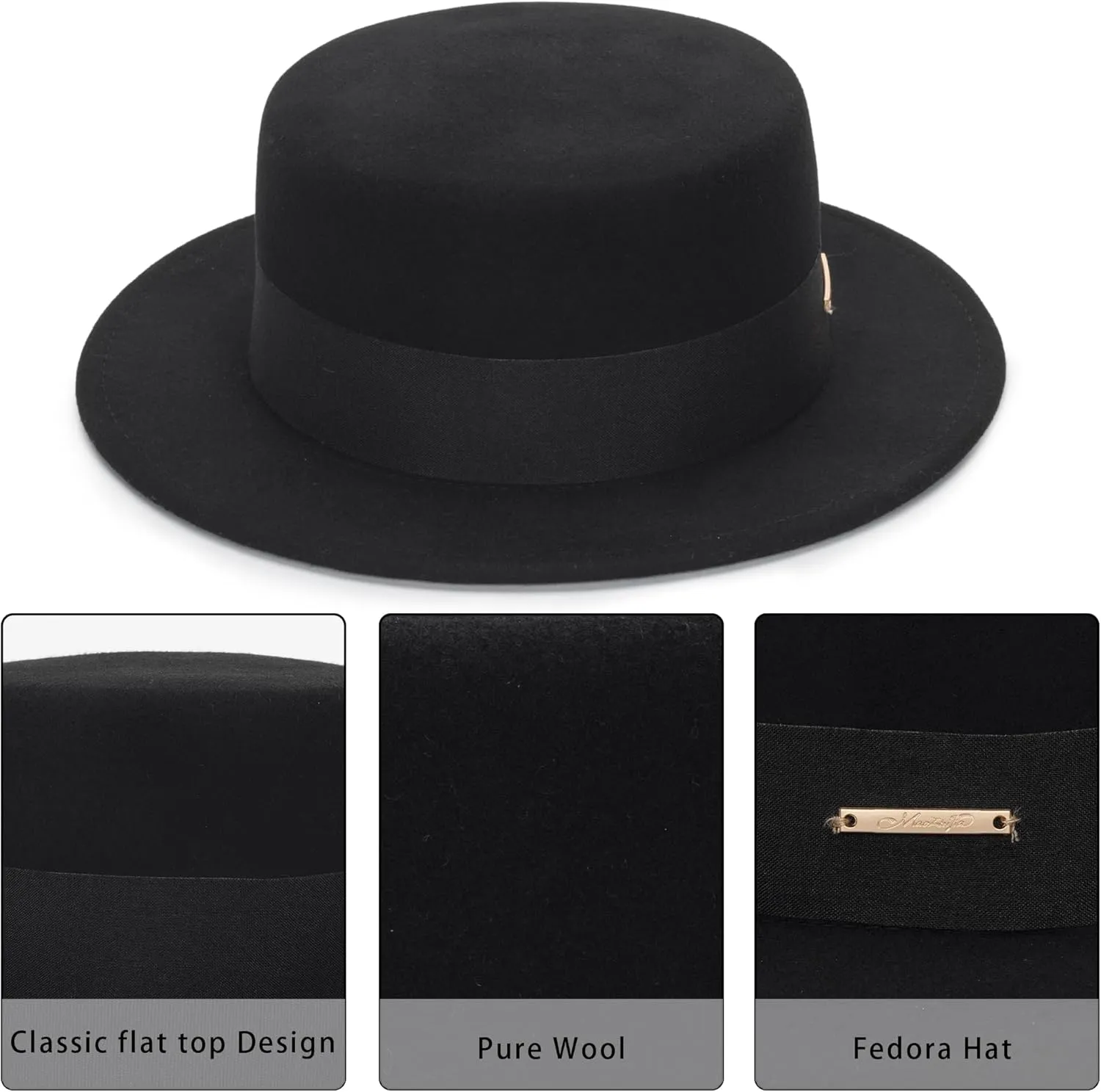 Unisex Classic Wool Pork Pie Hat, Felt Porkpie Flat-Top Fedora Derby Church-Hat Boater Bowler