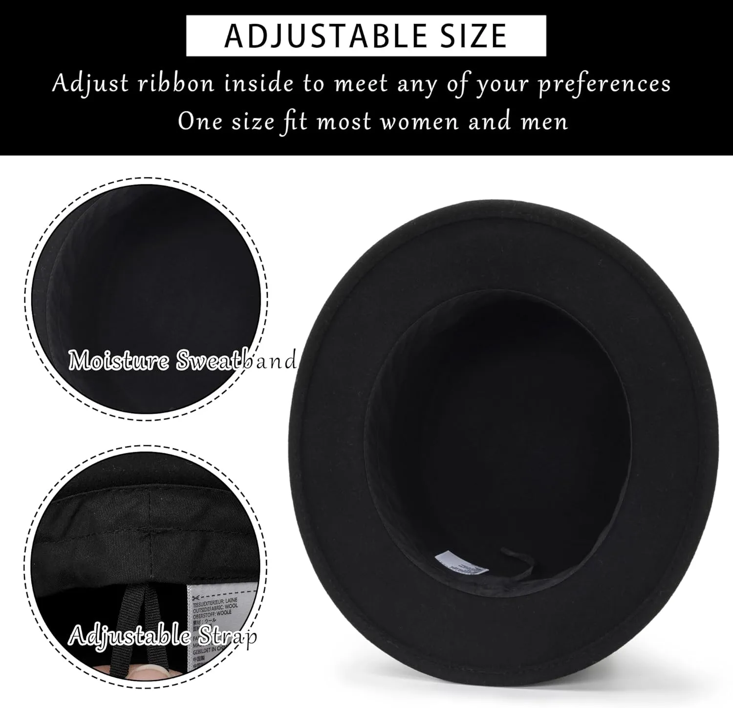Unisex Classic Wool Pork Pie Hat, Felt Porkpie Flat-Top Fedora Derby Church-Hat Boater Bowler