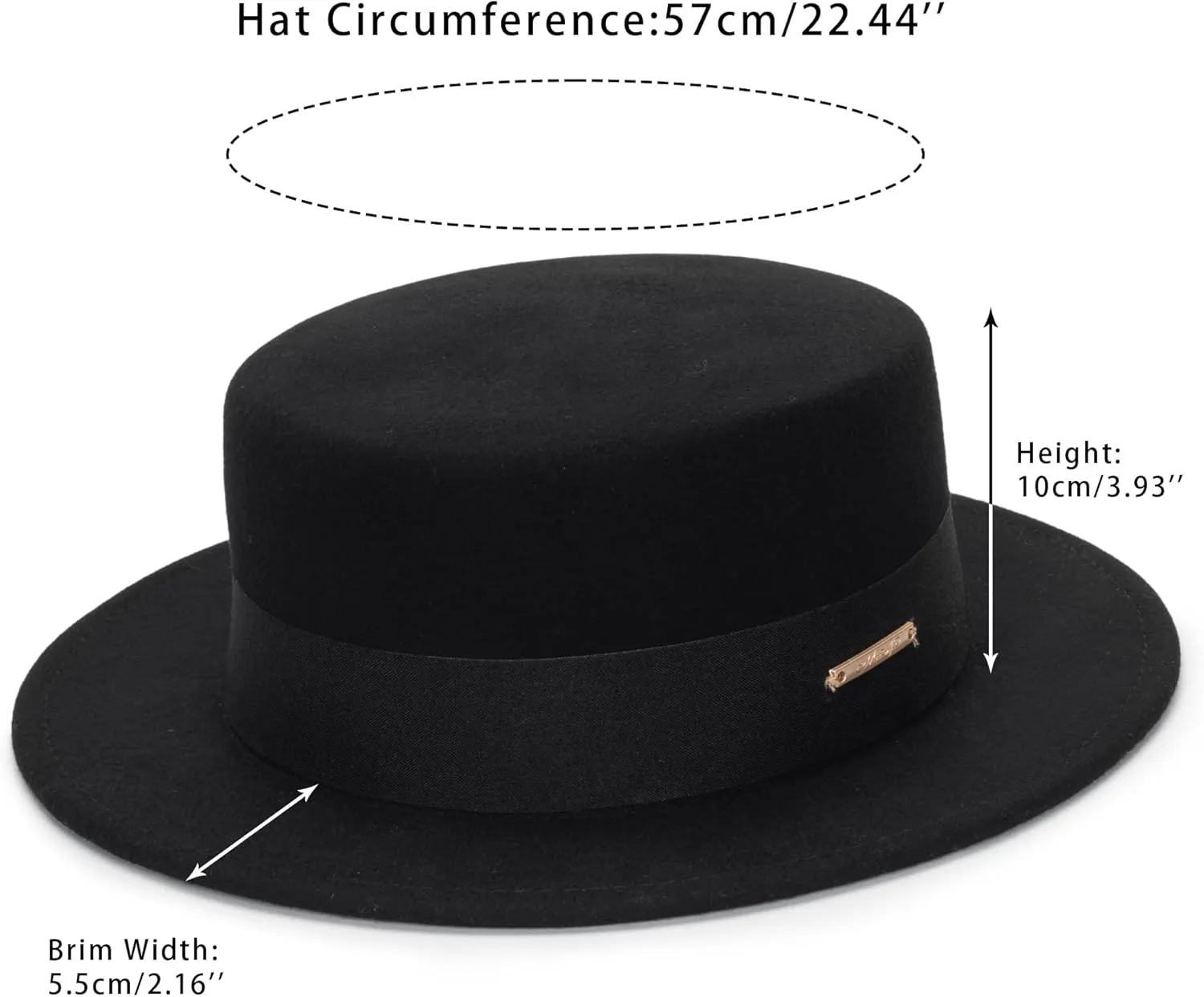 Unisex Classic Wool Pork Pie Hat, Felt Porkpie Flat-Top Fedora Derby Church-Hat Boater Bowler