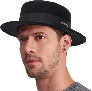 Unisex Classic Wool Pork Pie Hat, Felt Porkpie Flat-Top Fedora Derby Church-Hat Boater Bowler