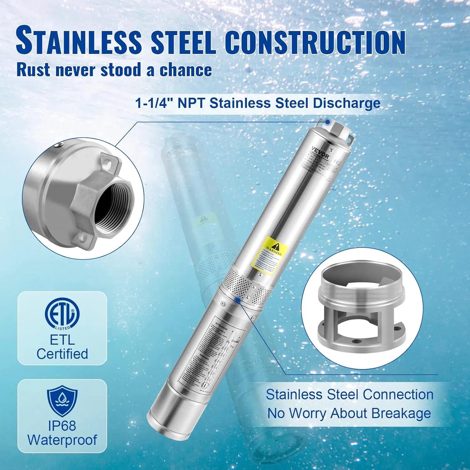 VEVOR Deep Well Submersible Pump, 3HP 230V/60Hz, 37GPM 640 ft Head, with 33 ft Cord & External Control Box, 4 inch Stainless Steel Water Pumps for Industrial, Irrigation and Home Use, IP68 Waterproof