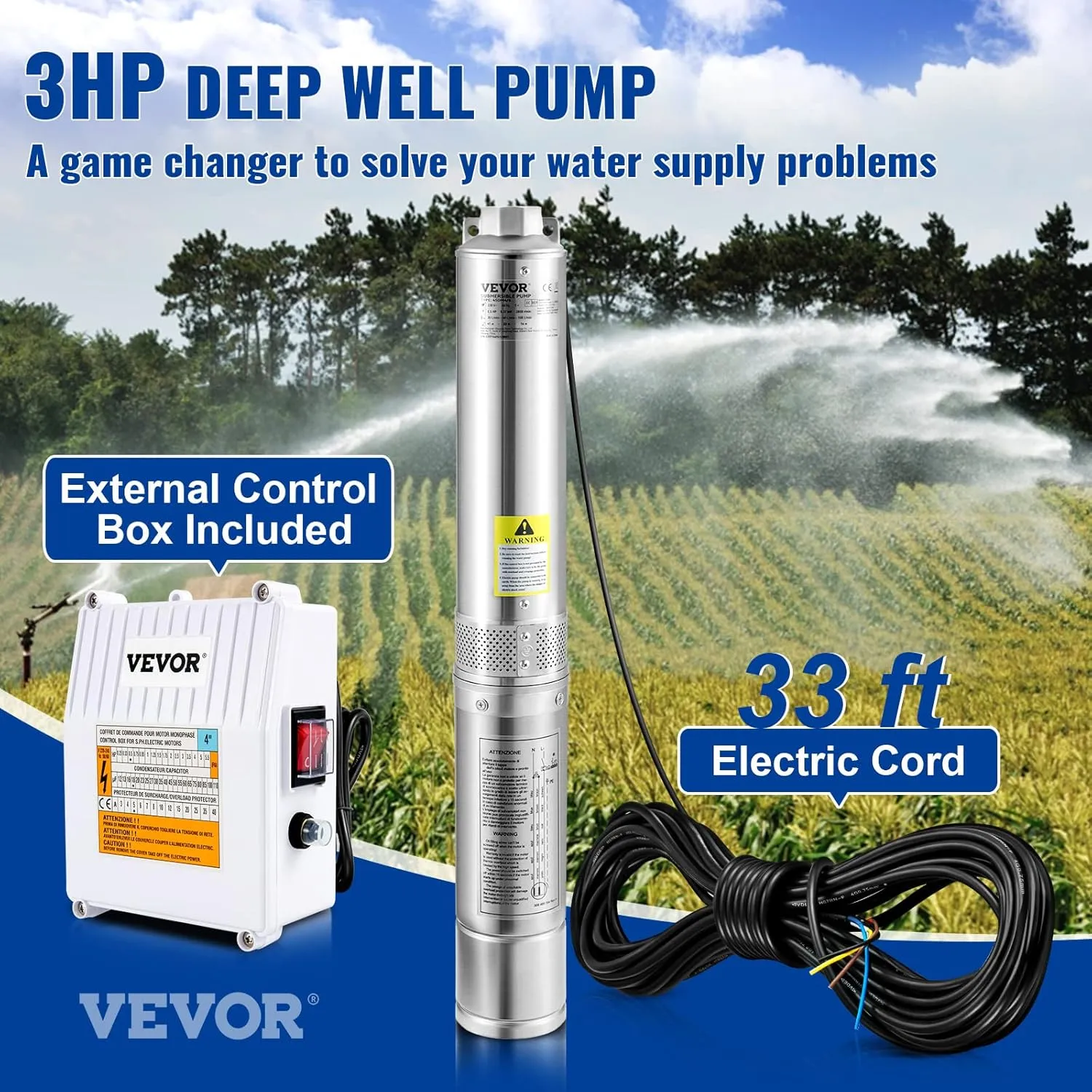 VEVOR Deep Well Submersible Pump, 3HP 230V/60Hz, 37GPM 640 ft Head, with 33 ft Cord & External Control Box, 4 inch Stainless Steel Water Pumps for Industrial, Irrigation and Home Use, IP68 Waterproof