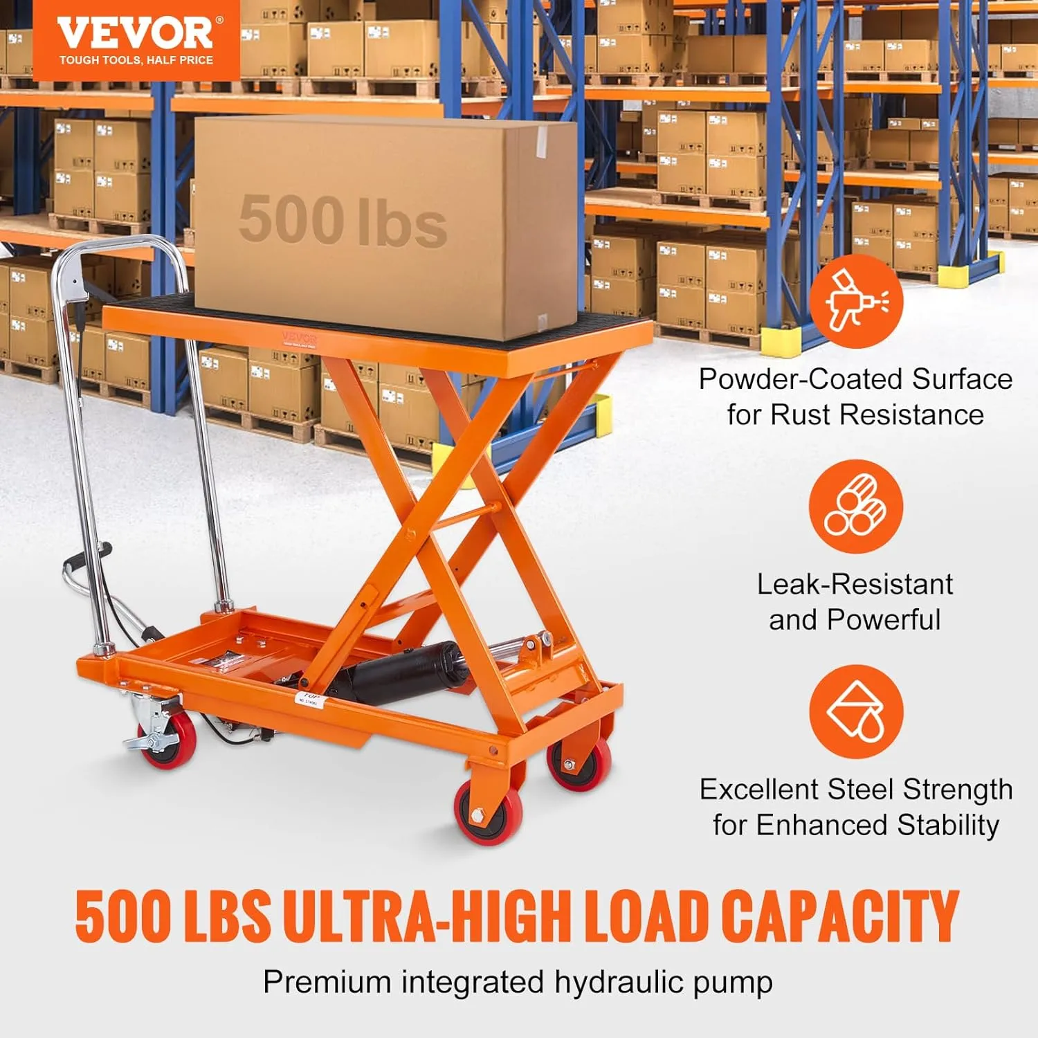 VEVOR Hydraulic Lift Table Cart, 500lbs Capacity 28.5" Lifting Height, Manual Single Scissor Lift Table with 4 Wheels and Non-Slip Pad, Hydraulic Scissor Cart for Material Handling, Orange