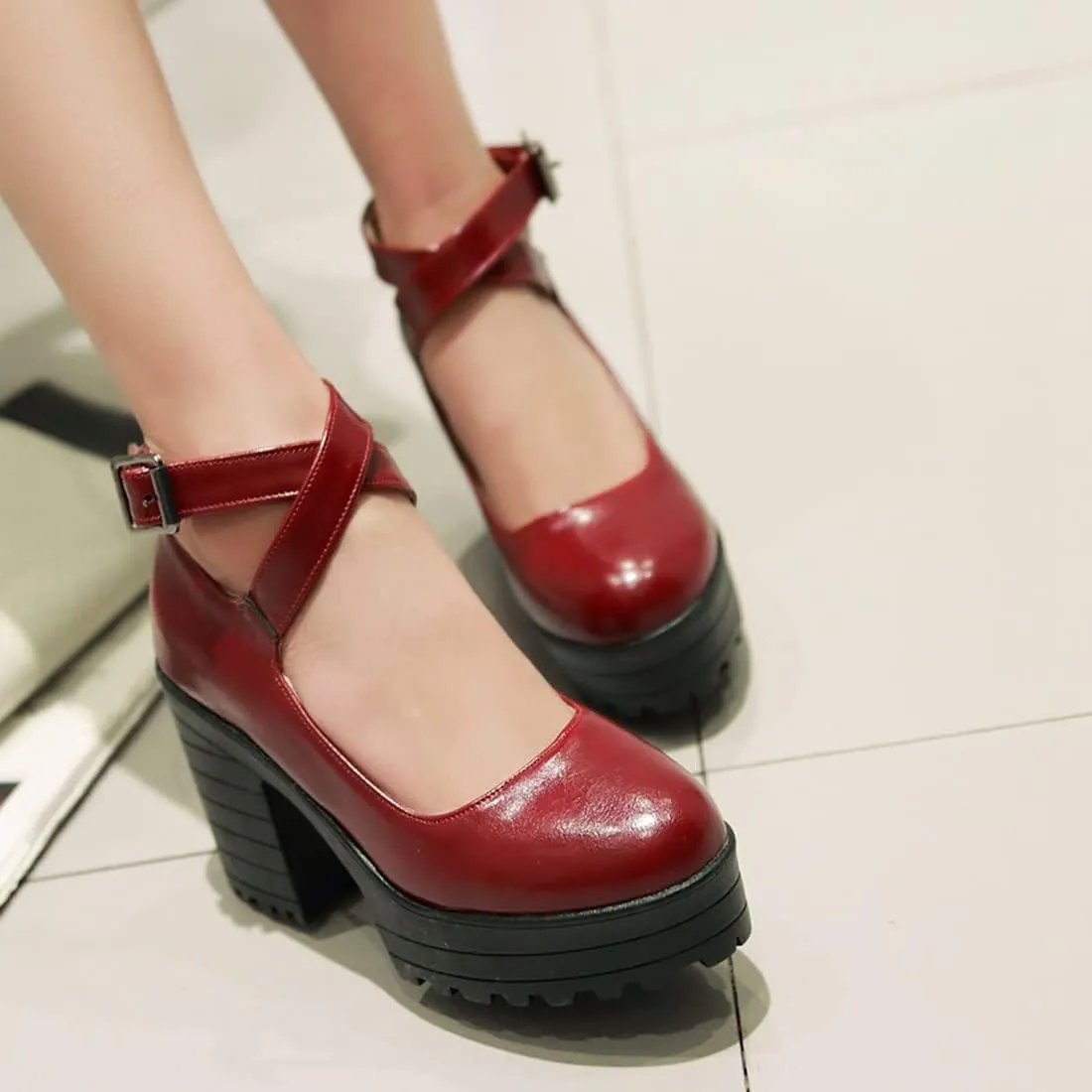 VOKLIN Women's Round Toe Platform Cross Ankle Strap Mary Janes Pumps Chunky High Block Heel Dress Pump Shoes