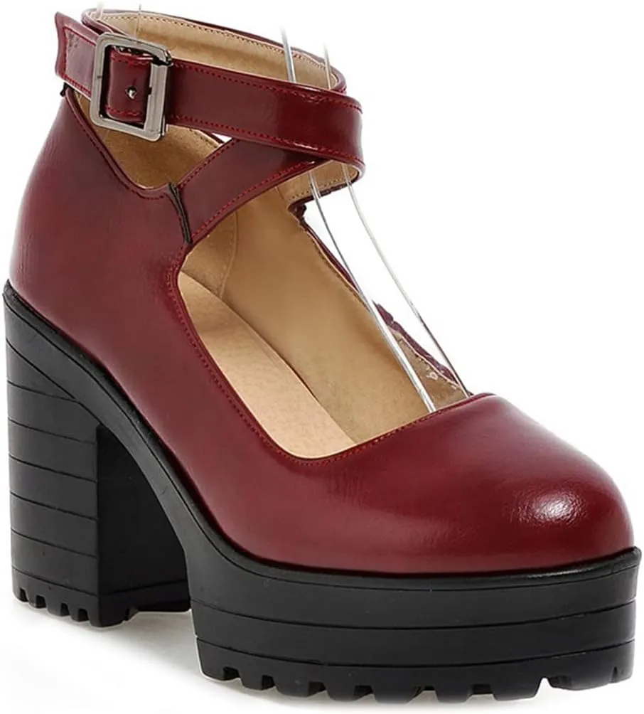 VOKLIN Women's Round Toe Platform Cross Ankle Strap Mary Janes Pumps Chunky High Block Heel Dress Pump Shoes