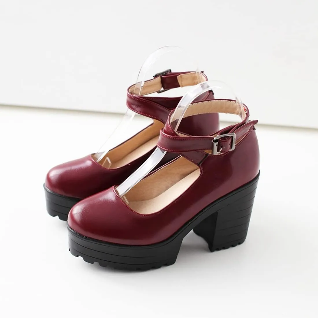 VOKLIN Women's Round Toe Platform Cross Ankle Strap Mary Janes Pumps Chunky High Block Heel Dress Pump Shoes