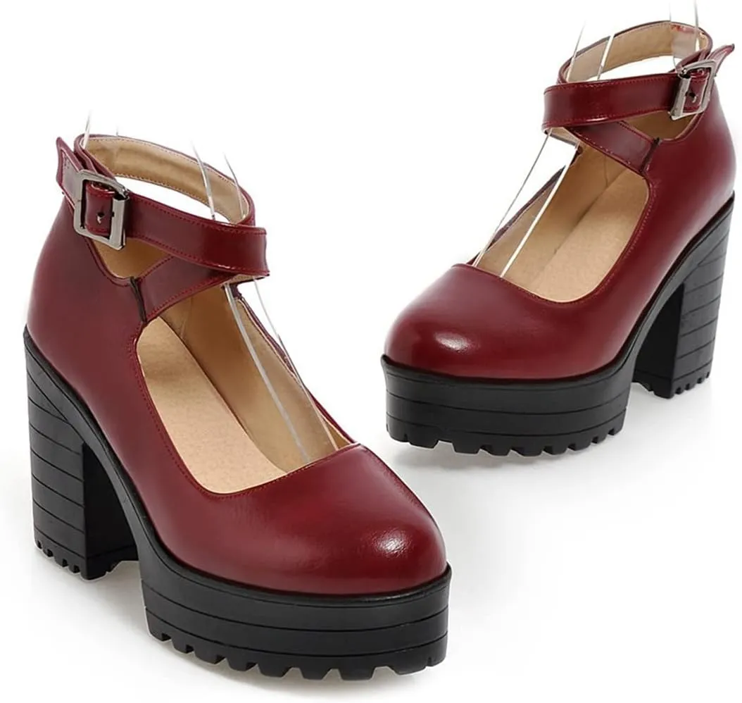 VOKLIN Women's Round Toe Platform Cross Ankle Strap Mary Janes Pumps Chunky High Block Heel Dress Pump Shoes