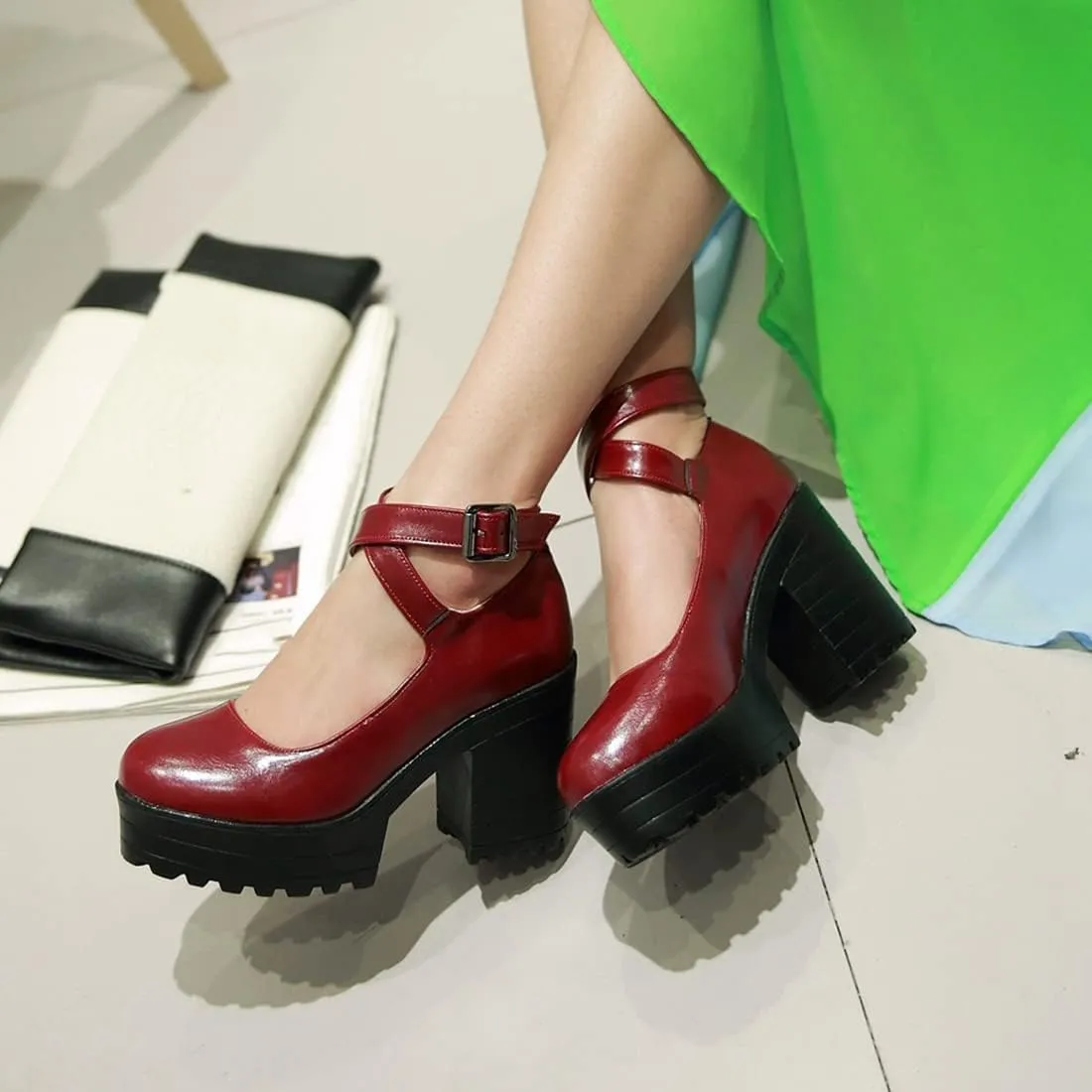 VOKLIN Women's Round Toe Platform Cross Ankle Strap Mary Janes Pumps Chunky High Block Heel Dress Pump Shoes