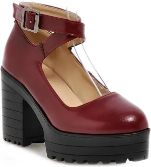 VOKLIN Women's Round Toe Platform Cross Ankle Strap Mary Janes Pumps Chunky High Block Heel Dress Pump Shoes