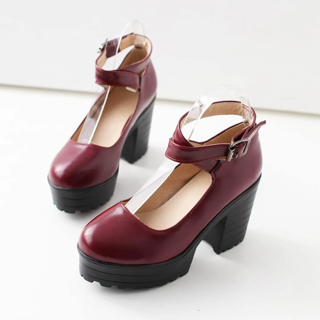 VOKLIN Women's Round Toe Platform Cross Ankle Strap Mary Janes Pumps Chunky High Block Heel Dress Pump Shoes
