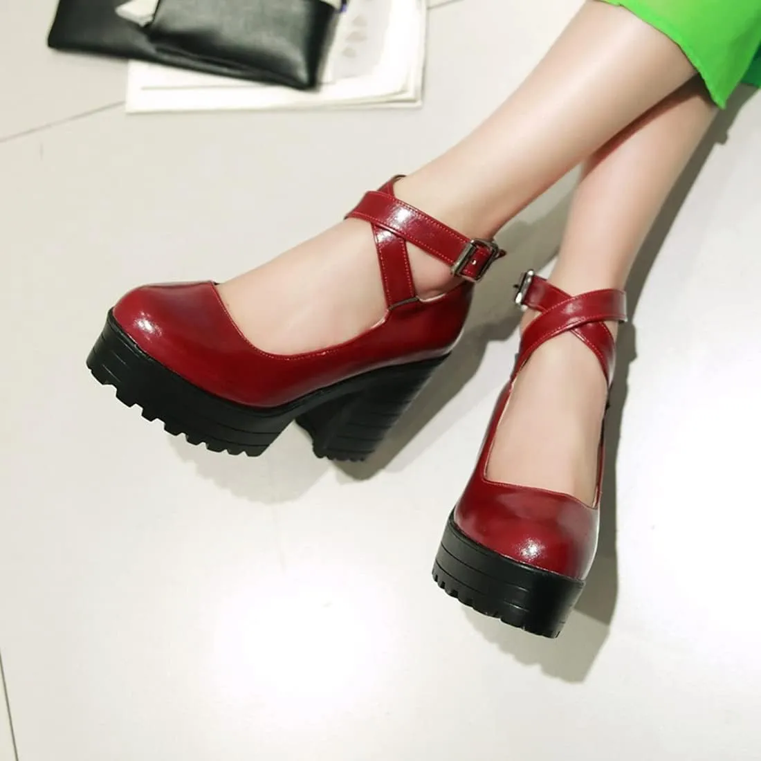 VOKLIN Women's Round Toe Platform Cross Ankle Strap Mary Janes Pumps Chunky High Block Heel Dress Pump Shoes