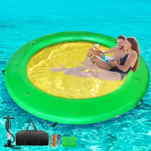 Water Hammock Inflatable Dock, 8ft Floating Raft Circular Water Island, Float Rings Air Mesh Platform for Lake/River/Swim Pool
