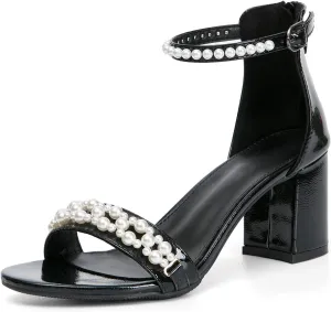 WOJWSKI Women's Heels Sandals for Women Open Toe Fashion Pearls Platform Heeled Sandals Ankle Strap Block Chunky Low Heel Pump Sandal Party Wedding Dress Shoe