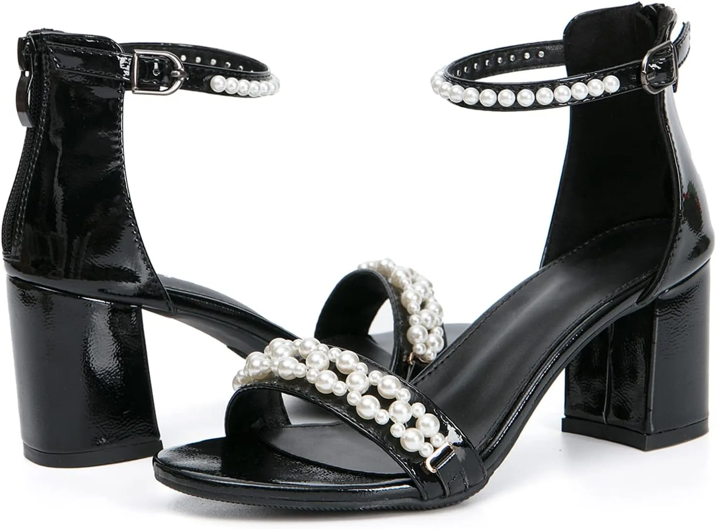 WOJWSKI Women's Heels Sandals for Women Open Toe Fashion Pearls Platform Heeled Sandals Ankle Strap Block Chunky Low Heel Pump Sandal Party Wedding Dress Shoe