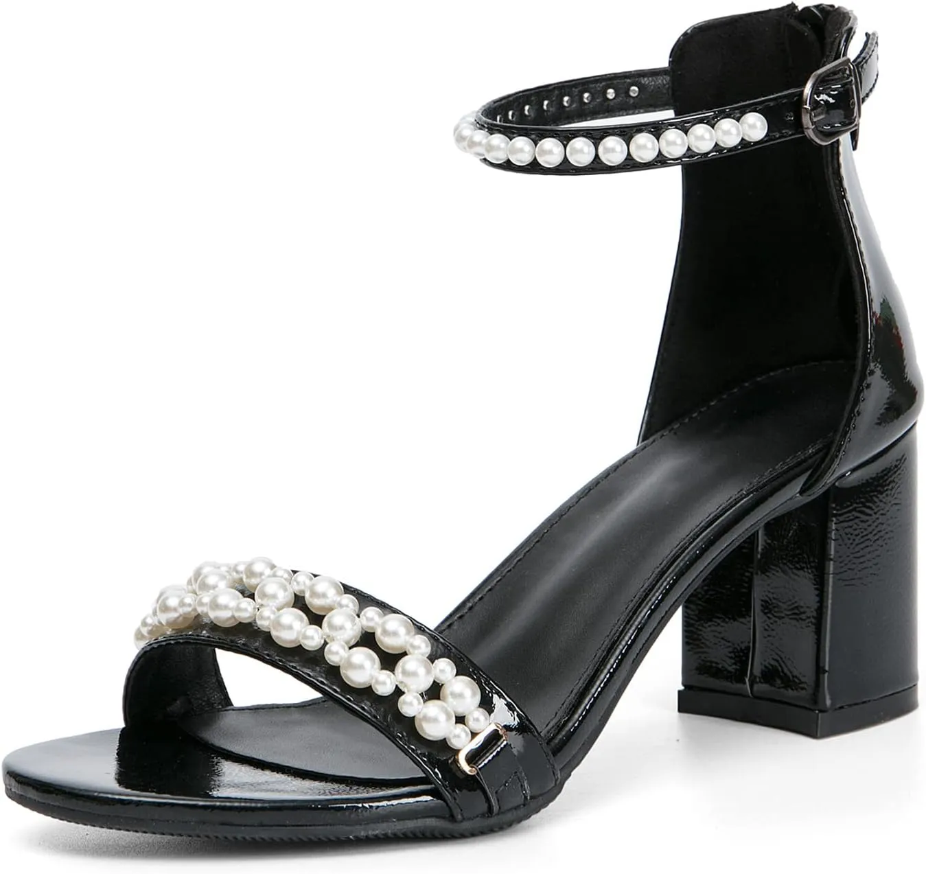 WOJWSKI Women's Heels Sandals for Women Open Toe Fashion Pearls Platform Heeled Sandals Ankle Strap Block Chunky Low Heel Pump Sandal Party Wedding Dress Shoe