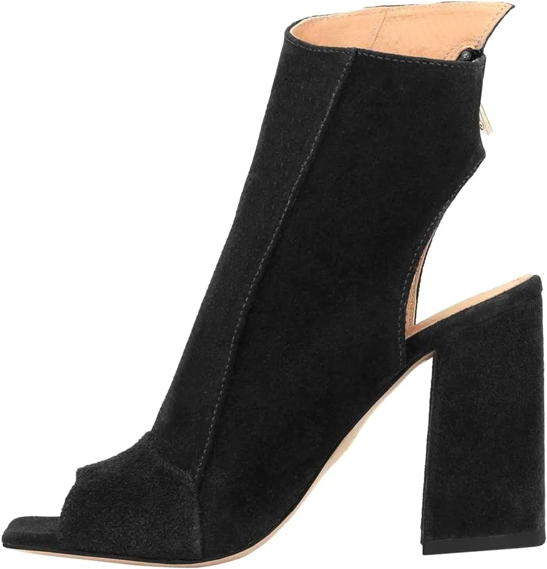 Women Open Peep Toe Booties Chunky Block High Heel Side Zipper Ankle Boots Square Toe Suede Backless Summer Booties Sandals Cutout Office Work Party Fashion Elegant Dance Shoes 4-11 M US