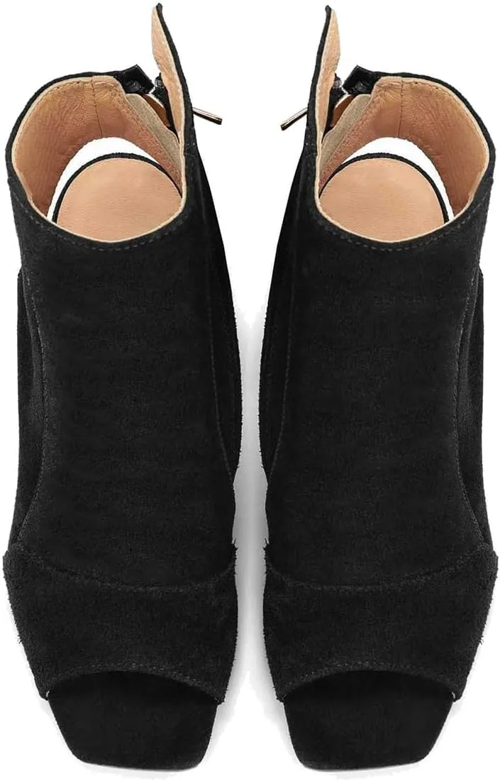 Women Open Peep Toe Booties Chunky Block High Heel Side Zipper Ankle Boots Square Toe Suede Backless Summer Booties Sandals Cutout Office Work Party Fashion Elegant Dance Shoes 4-11 M US