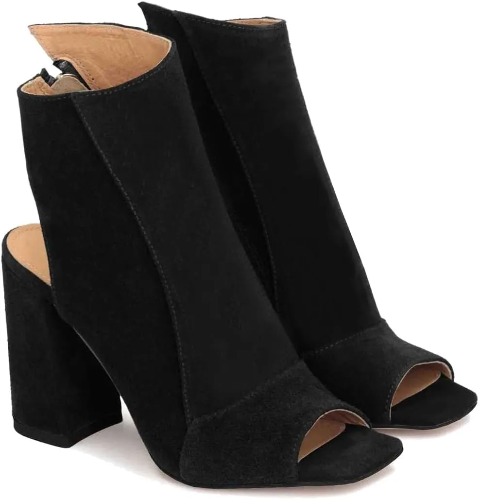Women Open Peep Toe Booties Chunky Block High Heel Side Zipper Ankle Boots Square Toe Suede Backless Summer Booties Sandals Cutout Office Work Party Fashion Elegant Dance Shoes 4-11 M US
