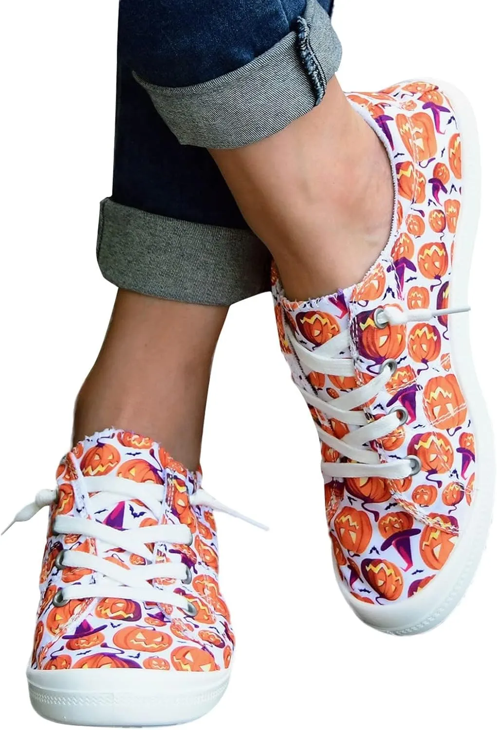 Women's Halloween Canvas Shoes Casual Slip On Loafers Skull Pumpkin Printed Low Top Canvas Sneakers Soft Sole Comfort Flat Tennis Walking Shoes