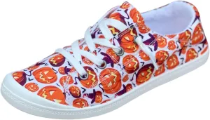 Women's Halloween Canvas Shoes Casual Slip On Loafers Skull Pumpkin Printed Low Top Canvas Sneakers Soft Sole Comfort Flat Tennis Walking Shoes