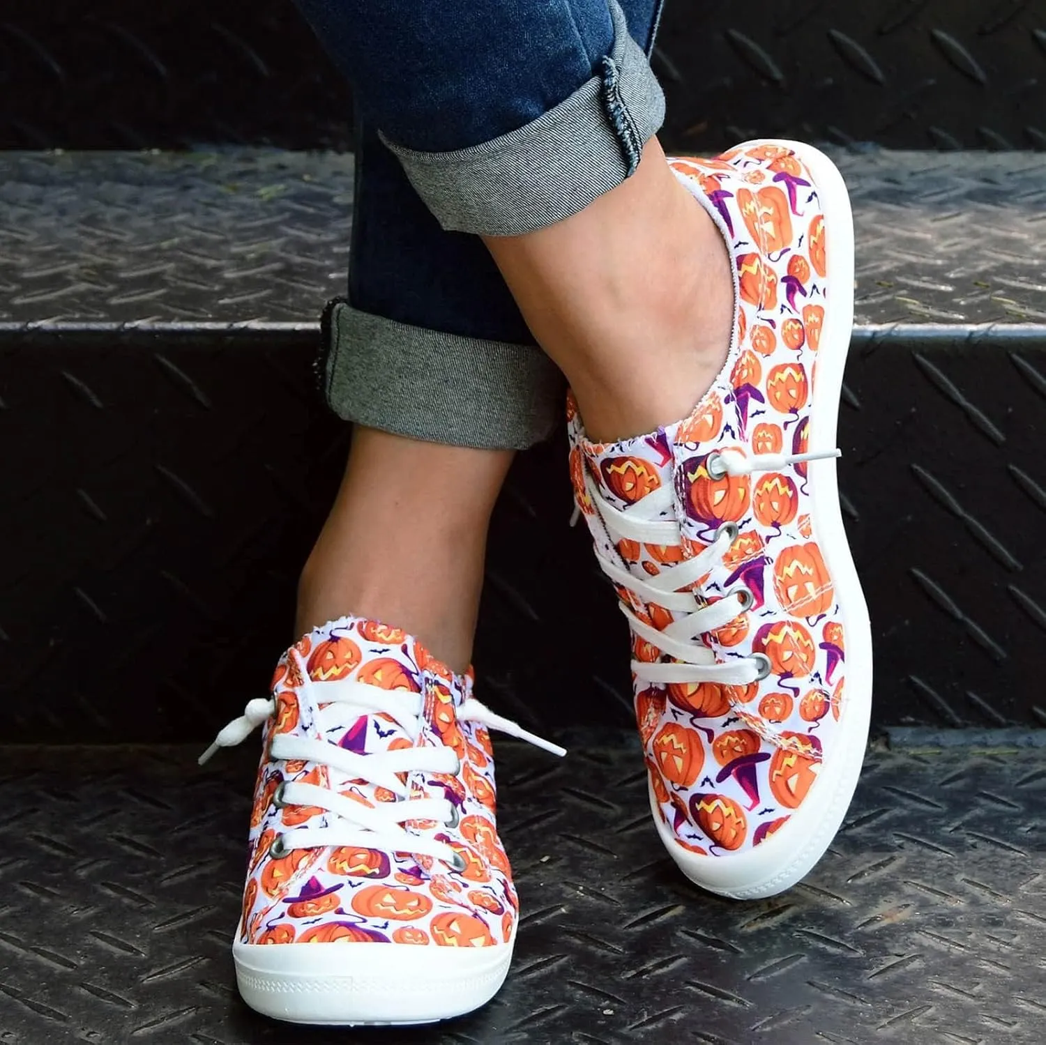 Women's Halloween Canvas Shoes Casual Slip On Loafers Skull Pumpkin Printed Low Top Canvas Sneakers Soft Sole Comfort Flat Tennis Walking Shoes