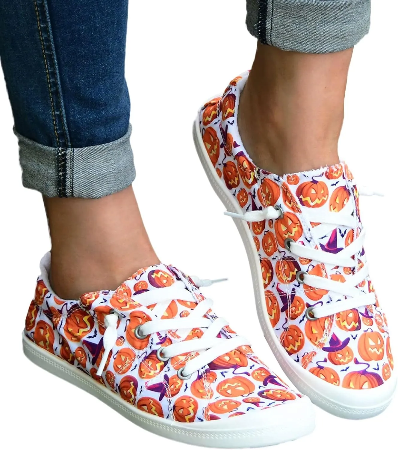 Women's Halloween Canvas Shoes Casual Slip On Loafers Skull Pumpkin Printed Low Top Canvas Sneakers Soft Sole Comfort Flat Tennis Walking Shoes