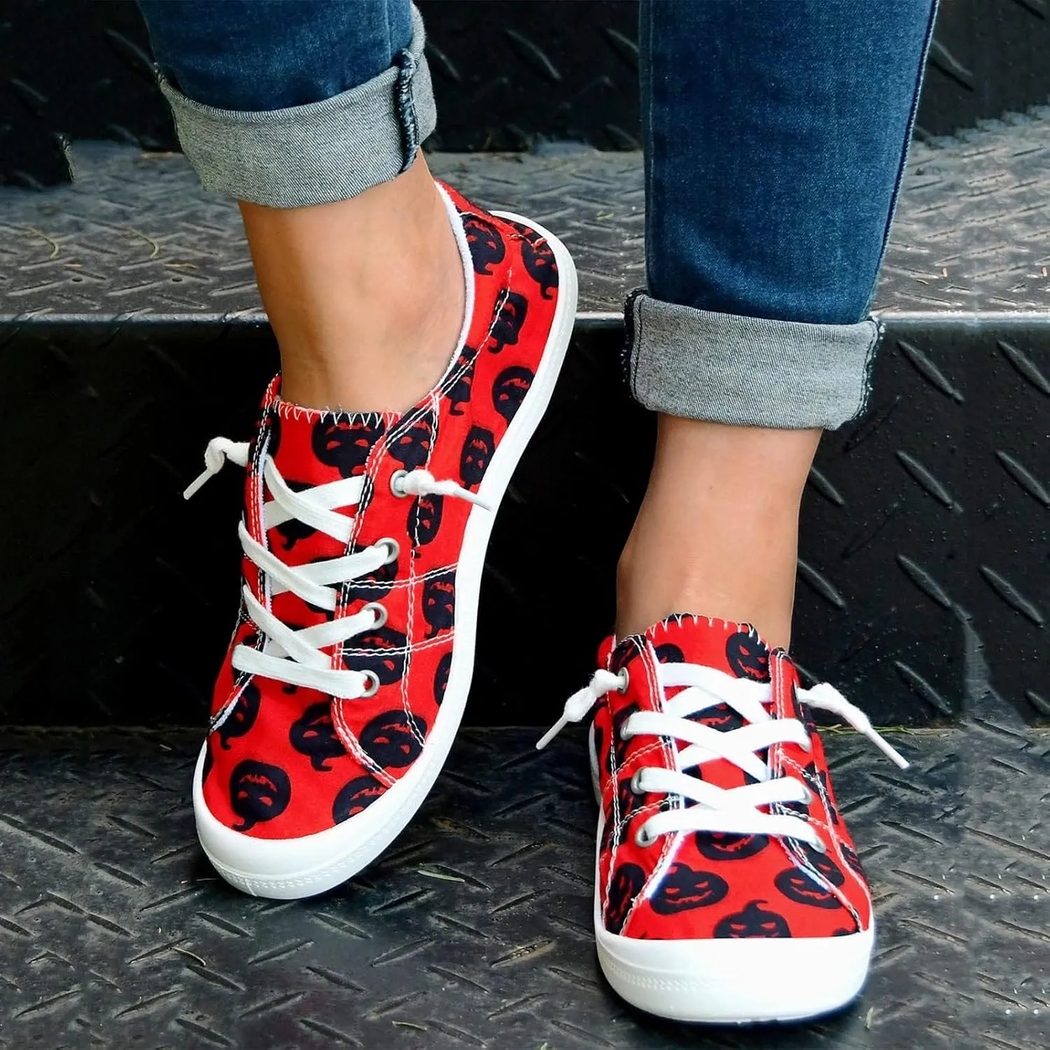Women's Halloween Canvas Shoes Casual Slip On Loafers Skull Pumpkin Printed Low Top Canvas Sneakers Soft Sole Comfort Flat Tennis Walking Shoes