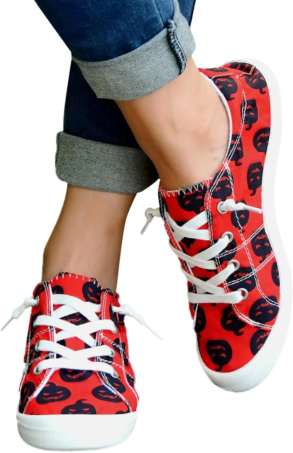 Women's Halloween Canvas Shoes Casual Slip On Loafers Skull Pumpkin Printed Low Top Canvas Sneakers Soft Sole Comfort Flat Tennis Walking Shoes
