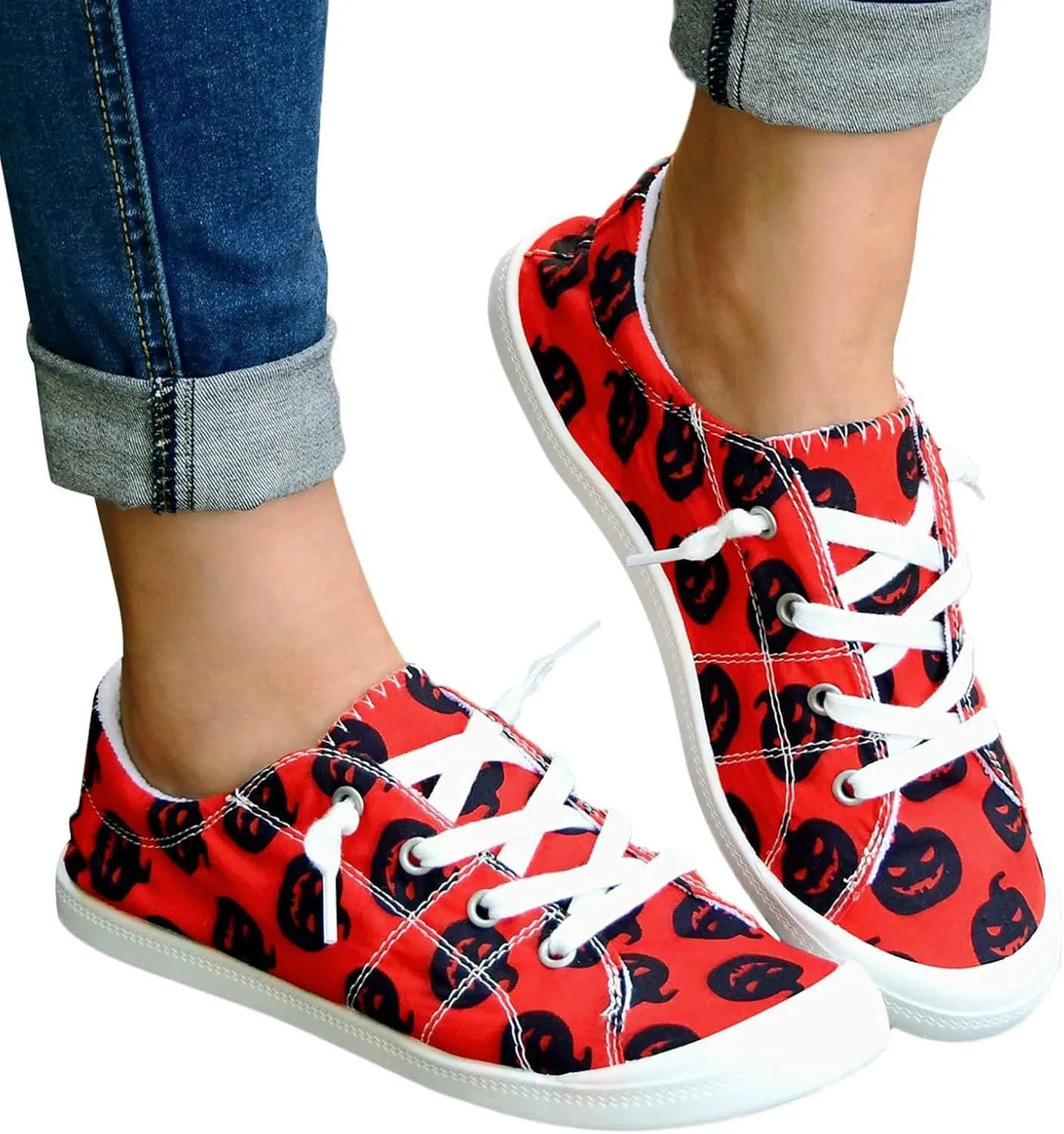 Women's Halloween Canvas Shoes Casual Slip On Loafers Skull Pumpkin Printed Low Top Canvas Sneakers Soft Sole Comfort Flat Tennis Walking Shoes